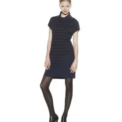 Catherine Malandrino Women's Stripe Side Button Neck Dress (Navy/Noir)